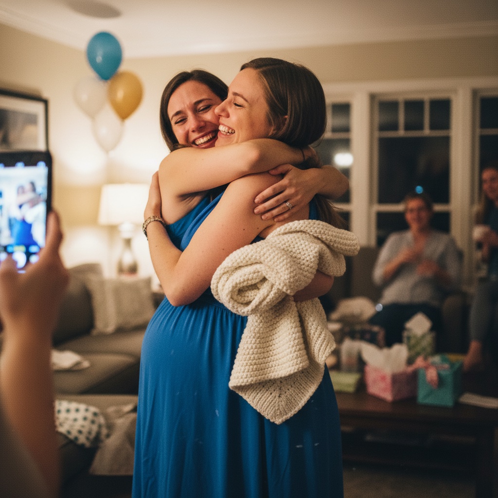 A parent-to-be opening baby shower gifts with guests watching