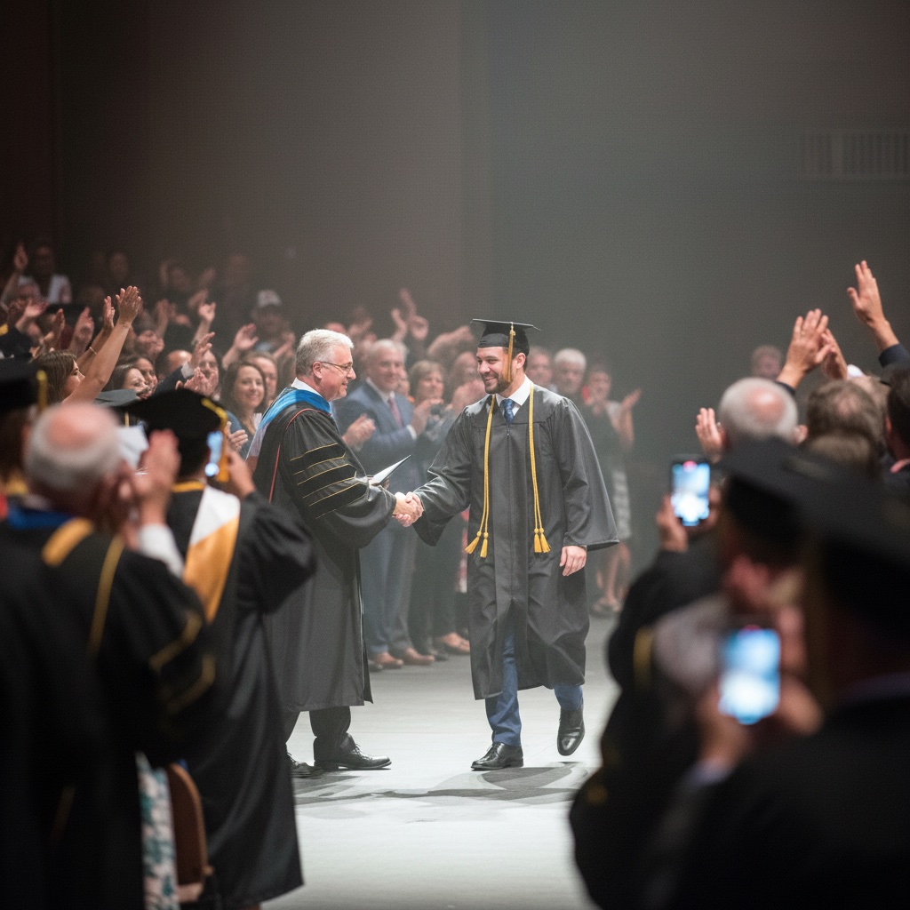 Graduate walking across the ceremony stage while guests take photos
