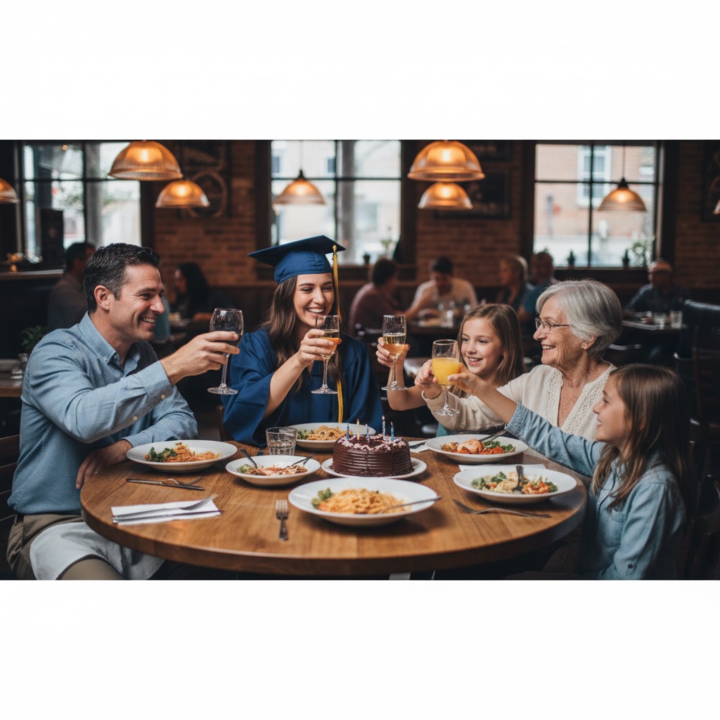 Graduate celebrating at dinner with family