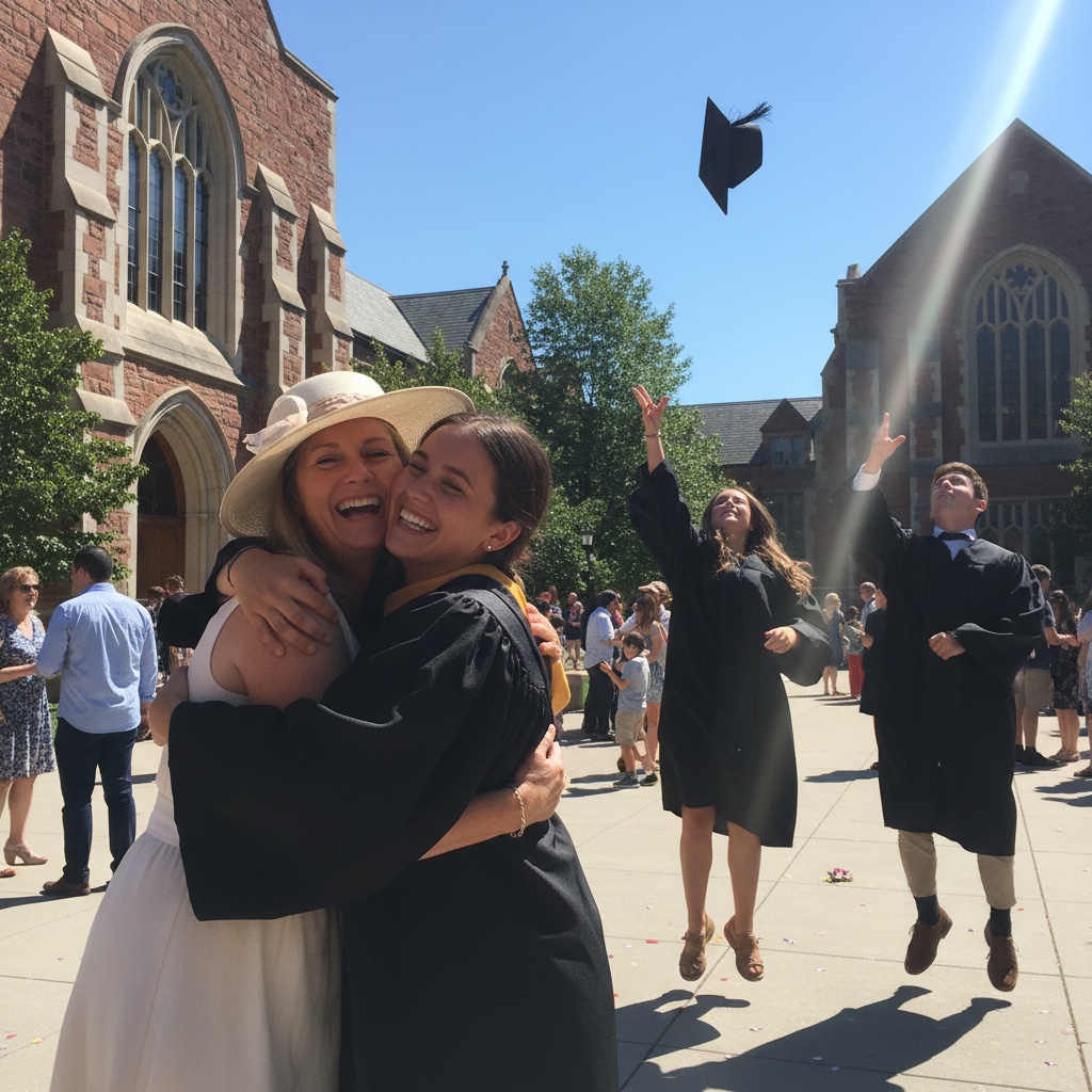 Graduate hugging family while classmates celebrate after the ceremony