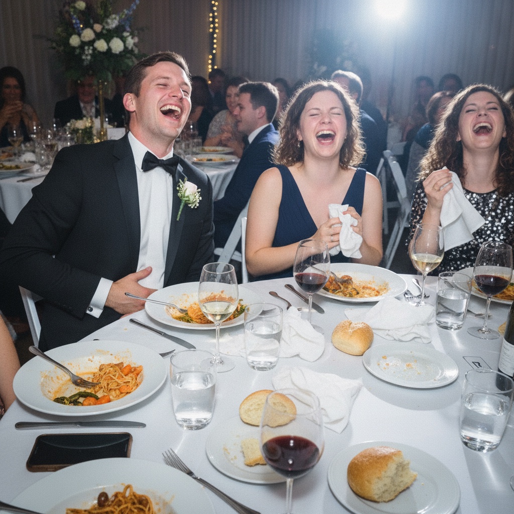 Guests laughing together at a celebration table