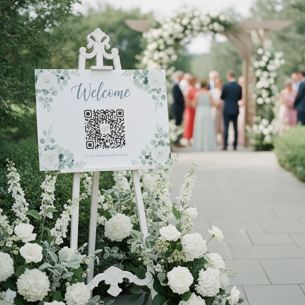 Wedding QR code welcome sign on a table